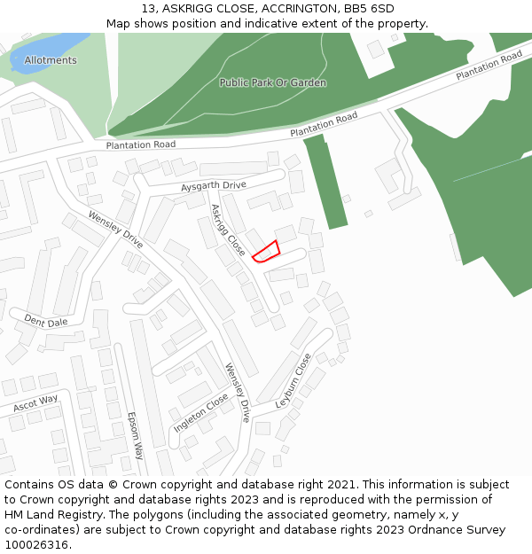 13, ASKRIGG CLOSE, ACCRINGTON, BB5 6SD: Location map and indicative extent of plot