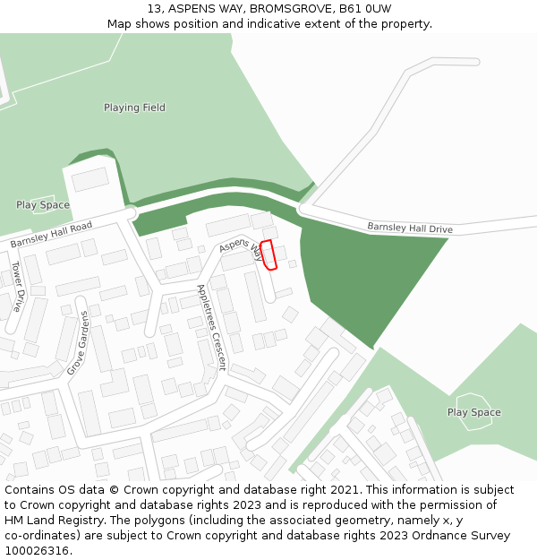 13, ASPENS WAY, BROMSGROVE, B61 0UW: Location map and indicative extent of plot