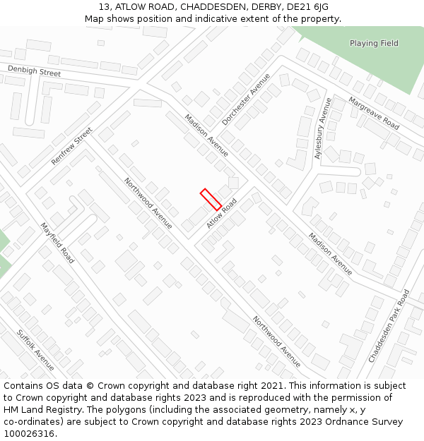 13, ATLOW ROAD, CHADDESDEN, DERBY, DE21 6JG: Location map and indicative extent of plot