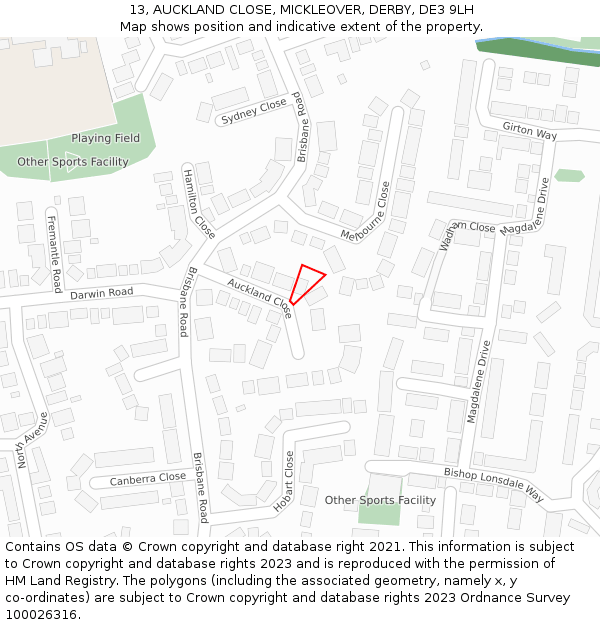 13, AUCKLAND CLOSE, MICKLEOVER, DERBY, DE3 9LH: Location map and indicative extent of plot