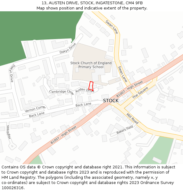13, AUSTEN DRIVE, STOCK, INGATESTONE, CM4 9FB: Location map and indicative extent of plot