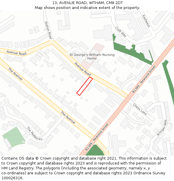 13, AVENUE ROAD, WITHAM, CM8 2DT: Location map and indicative extent of plot