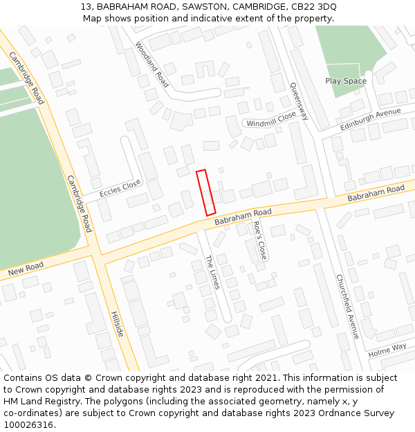 13, BABRAHAM ROAD, SAWSTON, CAMBRIDGE, CB22 3DQ: Location map and indicative extent of plot