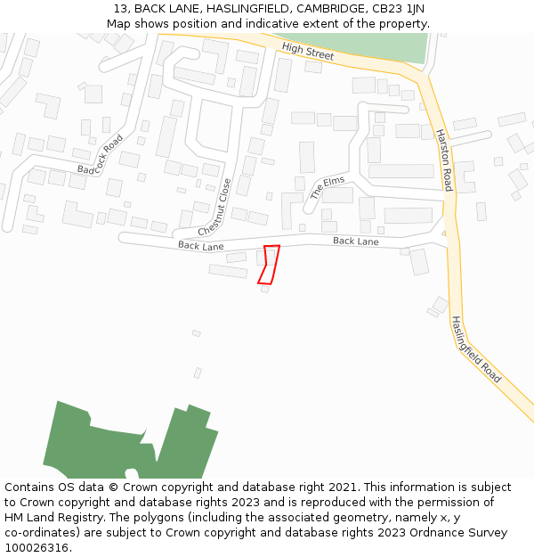 13, BACK LANE, HASLINGFIELD, CAMBRIDGE, CB23 1JN: Location map and indicative extent of plot