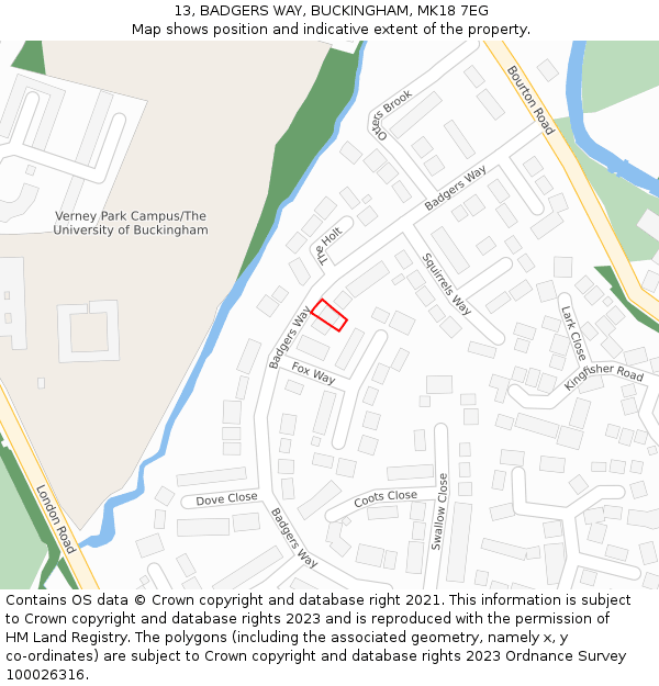 13, BADGERS WAY, BUCKINGHAM, MK18 7EG: Location map and indicative extent of plot