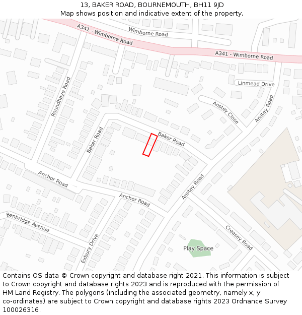 13, BAKER ROAD, BOURNEMOUTH, BH11 9JD: Location map and indicative extent of plot