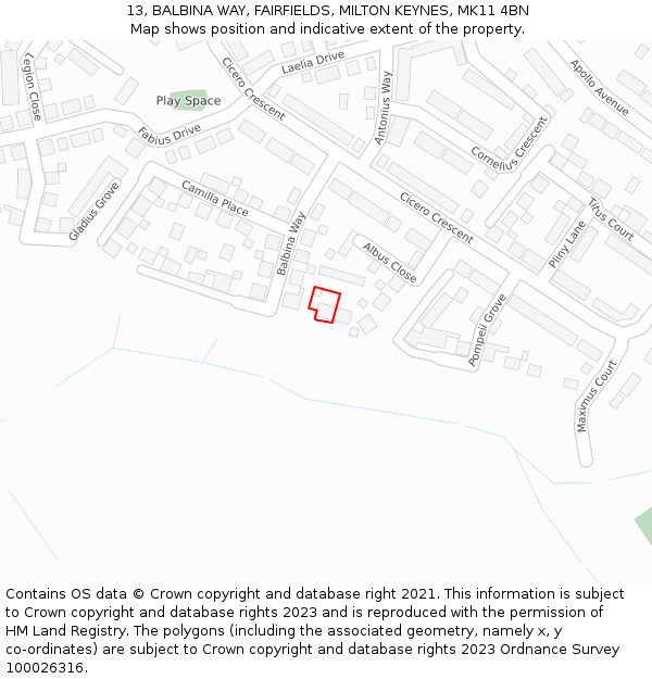 13, BALBINA WAY, FAIRFIELDS, MILTON KEYNES, MK11 4BN: Location map and indicative extent of plot