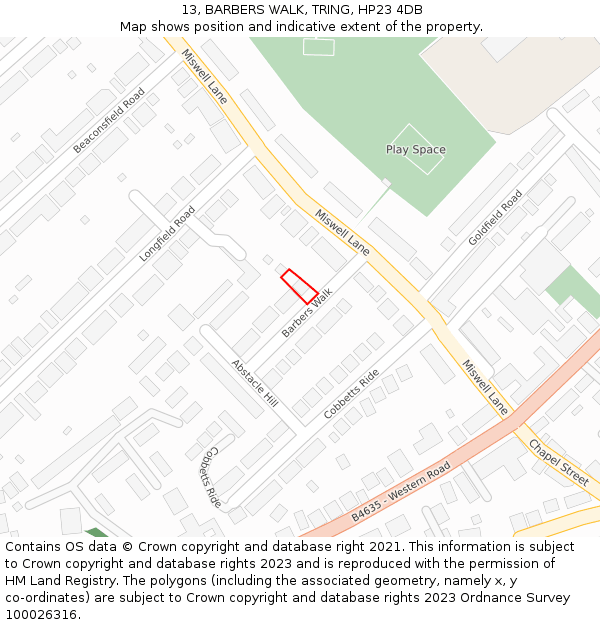 13, BARBERS WALK, TRING, HP23 4DB: Location map and indicative extent of plot