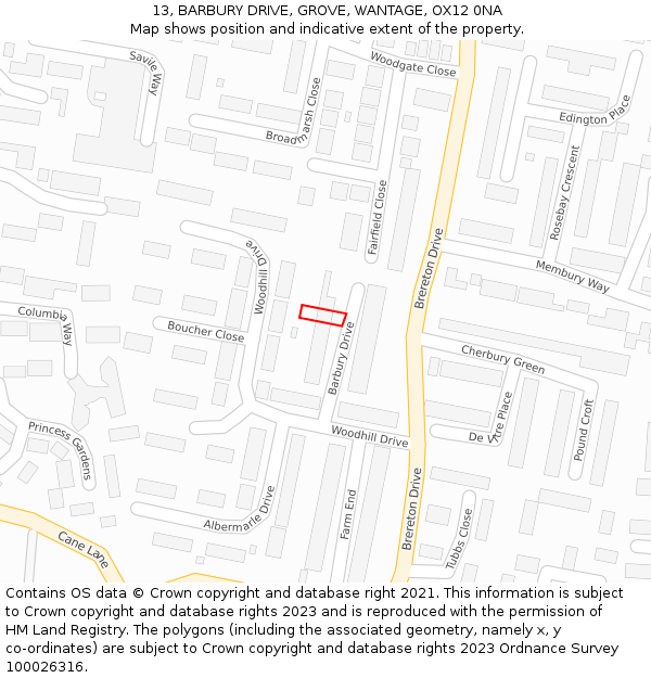 13, BARBURY DRIVE, GROVE, WANTAGE, OX12 0NA: Location map and indicative extent of plot