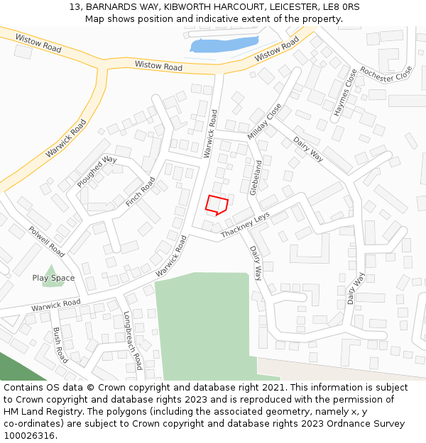 13, BARNARDS WAY, KIBWORTH HARCOURT, LEICESTER, LE8 0RS: Location map and indicative extent of plot