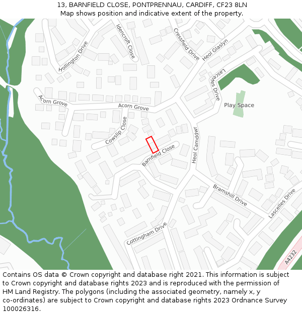 13, BARNFIELD CLOSE, PONTPRENNAU, CARDIFF, CF23 8LN: Location map and indicative extent of plot