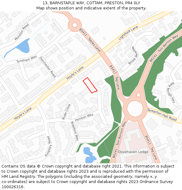 13, BARNSTAPLE WAY, COTTAM, PRESTON, PR4 0LY: Location map and indicative extent of plot