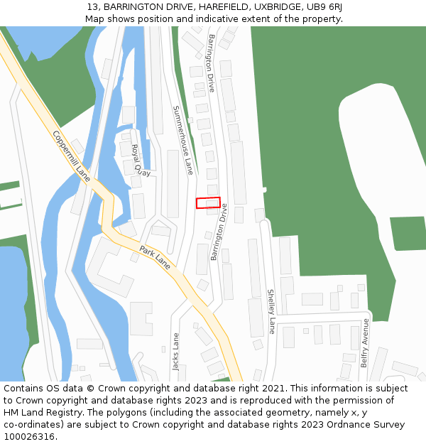 13, BARRINGTON DRIVE, HAREFIELD, UXBRIDGE, UB9 6RJ: Location map and indicative extent of plot