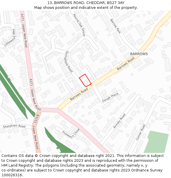 13, BARROWS ROAD, CHEDDAR, BS27 3AY: Location map and indicative extent of plot