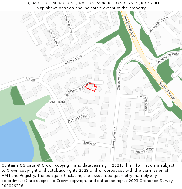 13, BARTHOLOMEW CLOSE, WALTON PARK, MILTON KEYNES, MK7 7HH: Location map and indicative extent of plot