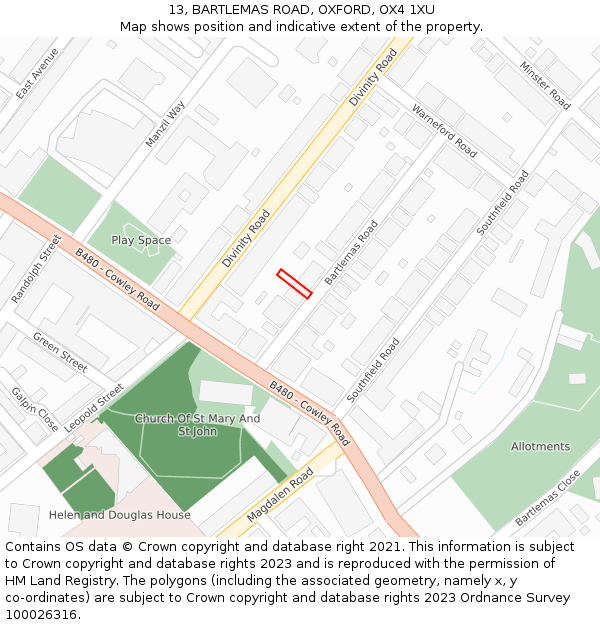 13, BARTLEMAS ROAD, OXFORD, OX4 1XU: Location map and indicative extent of plot