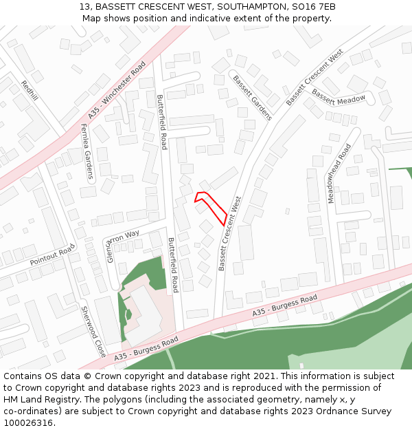 13, BASSETT CRESCENT WEST, SOUTHAMPTON, SO16 7EB: Location map and indicative extent of plot