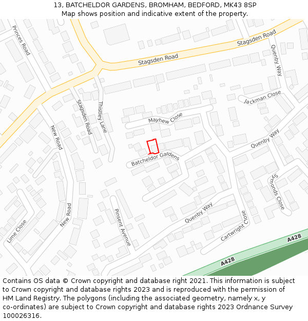 13, BATCHELDOR GARDENS, BROMHAM, BEDFORD, MK43 8SP: Location map and indicative extent of plot