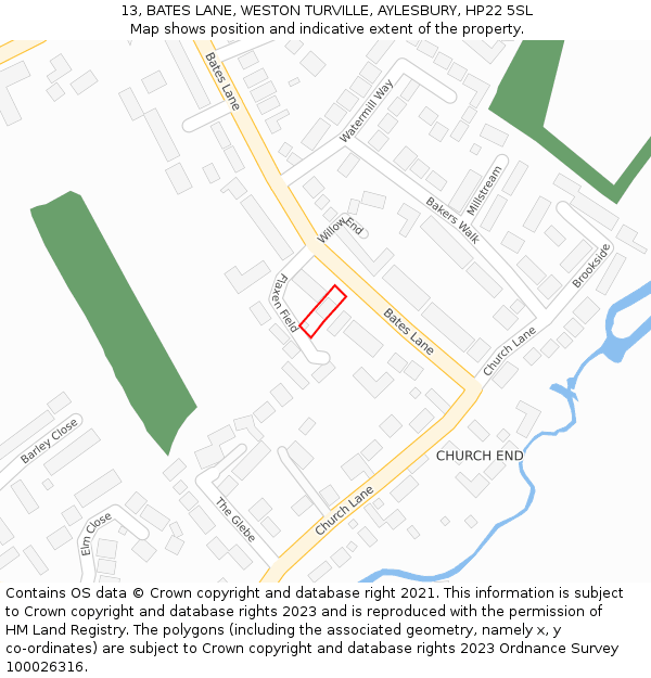 13, BATES LANE, WESTON TURVILLE, AYLESBURY, HP22 5SL: Location map and indicative extent of plot