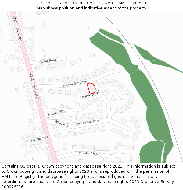 13, BATTLEMEAD, CORFE CASTLE, WAREHAM, BH20 5ER: Location map and indicative extent of plot