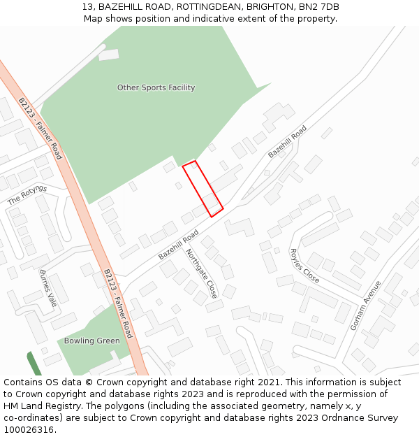 13, BAZEHILL ROAD, ROTTINGDEAN, BRIGHTON, BN2 7DB: Location map and indicative extent of plot