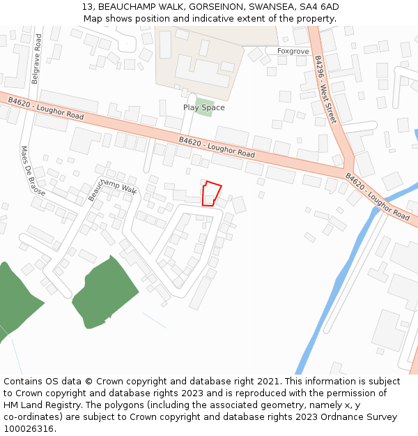 13, BEAUCHAMP WALK, GORSEINON, SWANSEA, SA4 6AD: Location map and indicative extent of plot