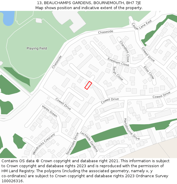 13, BEAUCHAMPS GARDENS, BOURNEMOUTH, BH7 7JE: Location map and indicative extent of plot