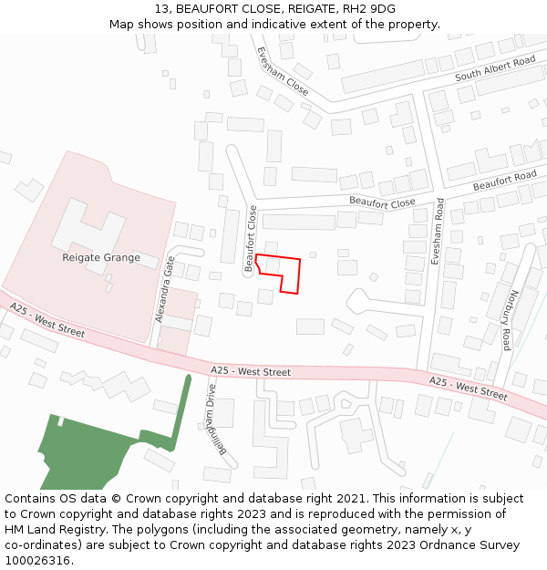 13, BEAUFORT CLOSE, REIGATE, RH2 9DG: Location map and indicative extent of plot