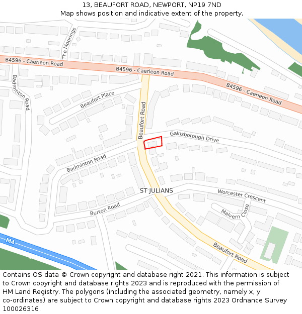 13, BEAUFORT ROAD, NEWPORT, NP19 7ND: Location map and indicative extent of plot