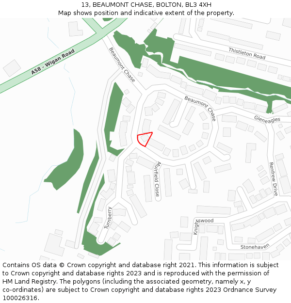 13, BEAUMONT CHASE, BOLTON, BL3 4XH: Location map and indicative extent of plot