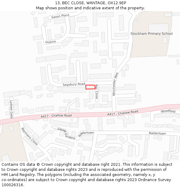 13, BEC CLOSE, WANTAGE, OX12 9EP: Location map and indicative extent of plot