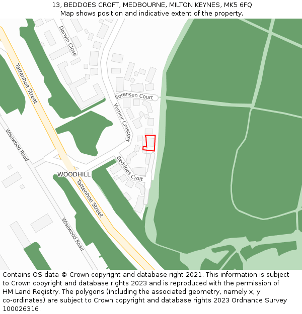 13, BEDDOES CROFT, MEDBOURNE, MILTON KEYNES, MK5 6FQ: Location map and indicative extent of plot