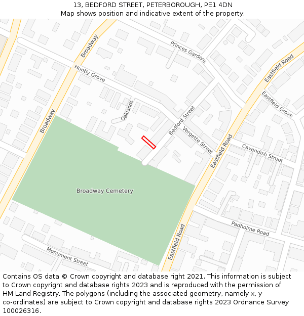 13, BEDFORD STREET, PETERBOROUGH, PE1 4DN: Location map and indicative extent of plot