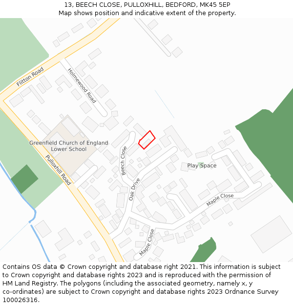 13, BEECH CLOSE, PULLOXHILL, BEDFORD, MK45 5EP: Location map and indicative extent of plot