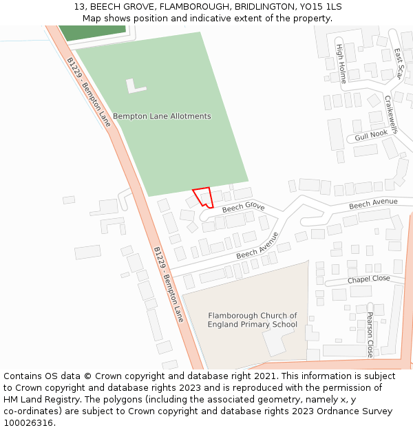 13, BEECH GROVE, FLAMBOROUGH, BRIDLINGTON, YO15 1LS: Location map and indicative extent of plot
