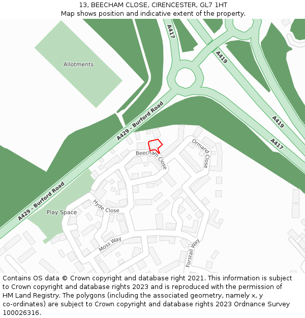 13, BEECHAM CLOSE, CIRENCESTER, GL7 1HT: Location map and indicative extent of plot