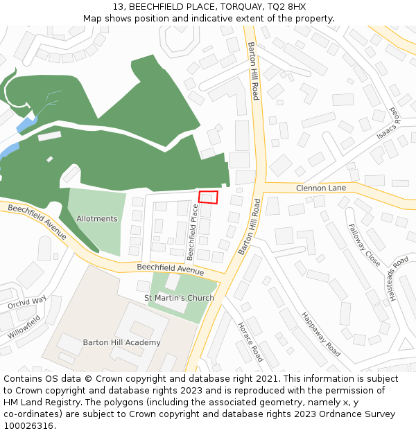 13, BEECHFIELD PLACE, TORQUAY, TQ2 8HX: Location map and indicative extent of plot