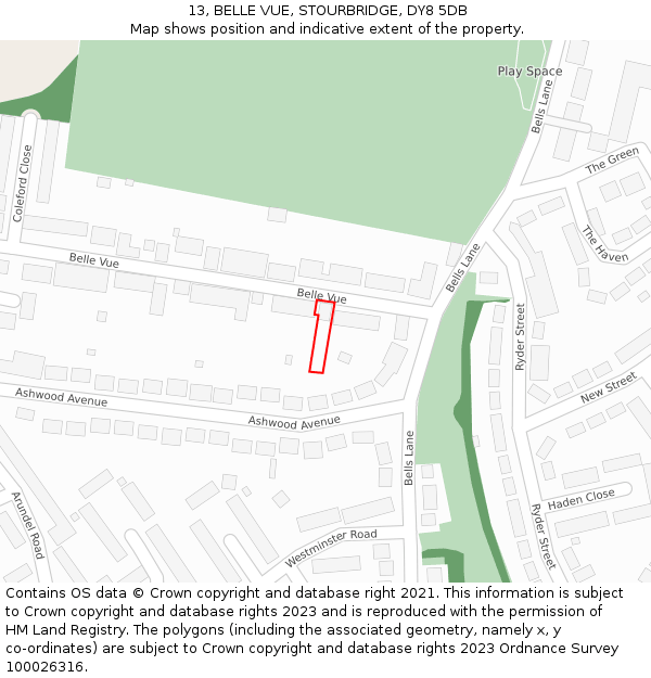 13, BELLE VUE, STOURBRIDGE, DY8 5DB: Location map and indicative extent of plot