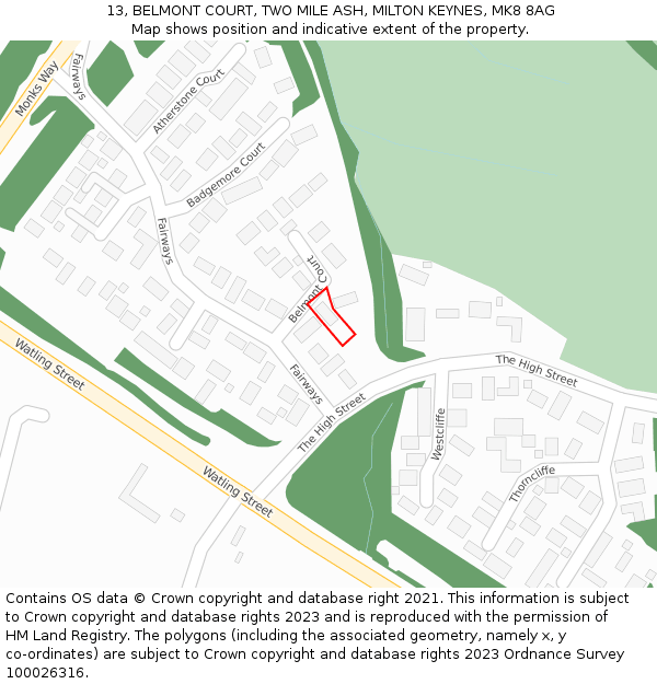 13, BELMONT COURT, TWO MILE ASH, MILTON KEYNES, MK8 8AG: Location map and indicative extent of plot