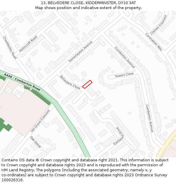 13, BELVEDERE CLOSE, KIDDERMINSTER, DY10 3AT: Location map and indicative extent of plot