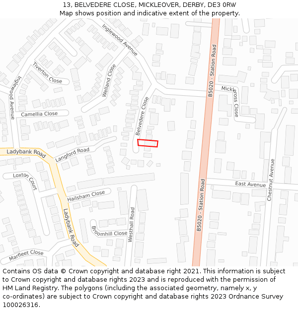 13, BELVEDERE CLOSE, MICKLEOVER, DERBY, DE3 0RW: Location map and indicative extent of plot