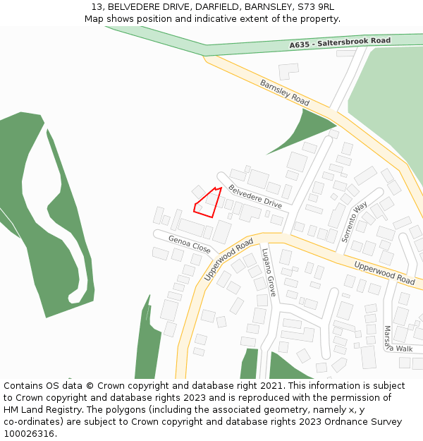 13, BELVEDERE DRIVE, DARFIELD, BARNSLEY, S73 9RL: Location map and indicative extent of plot