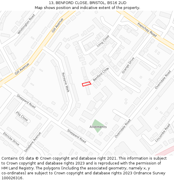 13, BENFORD CLOSE, BRISTOL, BS16 2UD: Location map and indicative extent of plot