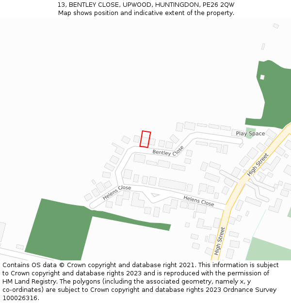 13, BENTLEY CLOSE, UPWOOD, HUNTINGDON, PE26 2QW: Location map and indicative extent of plot