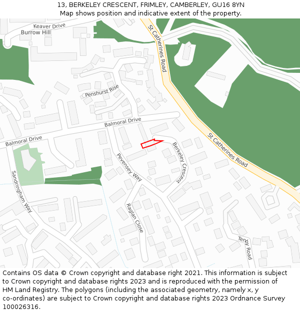 13, BERKELEY CRESCENT, FRIMLEY, CAMBERLEY, GU16 8YN: Location map and indicative extent of plot