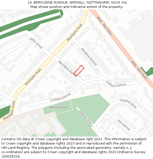 13, BERYLDENE AVENUE, WATNALL, NOTTINGHAM, NG16 1HJ: Location map and indicative extent of plot