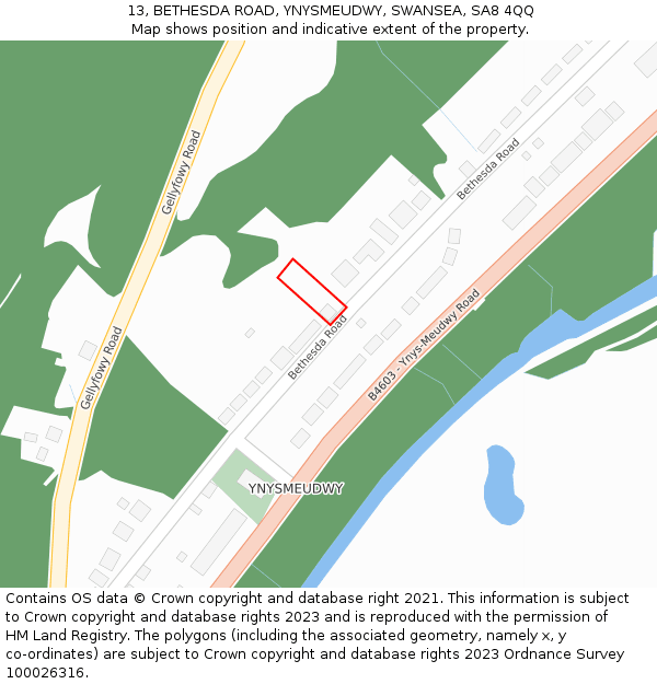 13, BETHESDA ROAD, YNYSMEUDWY, SWANSEA, SA8 4QQ: Location map and indicative extent of plot