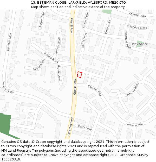 13, BETJEMAN CLOSE, LARKFIELD, AYLESFORD, ME20 6TQ: Location map and indicative extent of plot