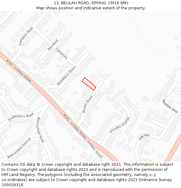 13, BEULAH ROAD, EPPING, CM16 6RH: Location map and indicative extent of plot
