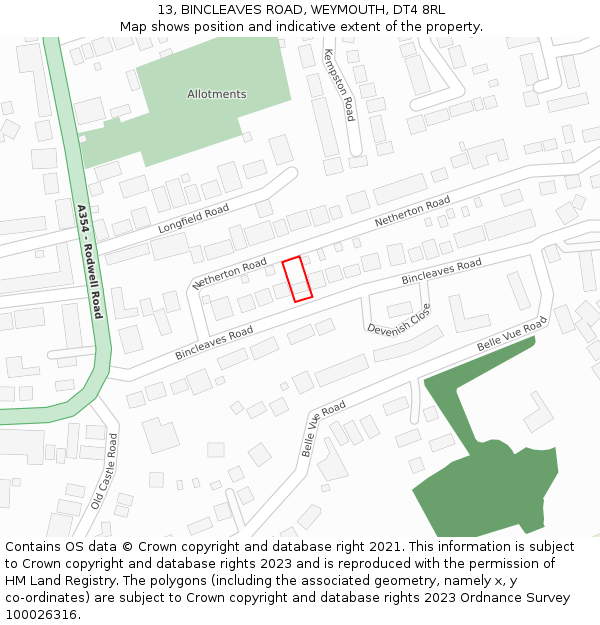 13, BINCLEAVES ROAD, WEYMOUTH, DT4 8RL: Location map and indicative extent of plot